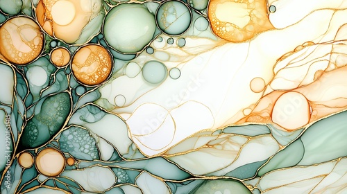 Abstract Green Orange White Fluid Paint Art with Gold Accents