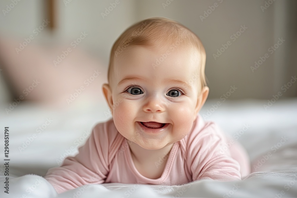 A cute baby girl wearing a pink short-sleeved romper is laying on her stomach and smiling at the camera A cute baby girl wearing a pink short-sleeved romper is laying on her stomach and smiling at the camera