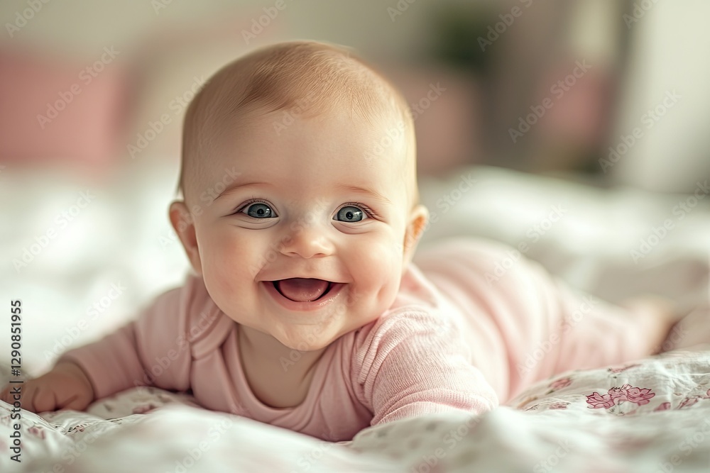 A cute baby girl wearing a pink short-sleeved romper is laying on her stomach and smiling at the camera A cute baby girl wearing a pink short-sleeved romper is laying on her stomach and smiling at the camera
