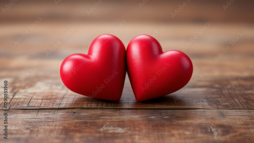 Two intertwined red hearts on rustic wood symbolize love and romance Two intertwined red hearts on rustic wood symbolize love and romance