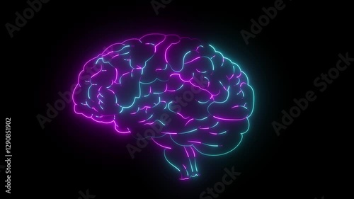 Computer generated icon of the human brain. neon brain animated neon brain thinking with neon light running through the meanders. 3d rendering
