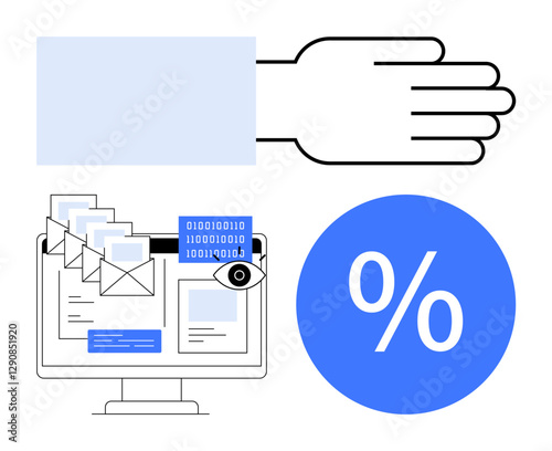 Outstretched hand, computer with emails and binary code, large percentage sign. Ideal for digital communication, data analysis, financial metrics, privacy, marketing, user engagement technology