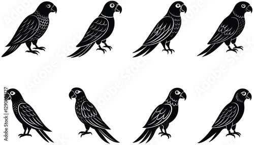 Parrot bird vector shilhouette bundle. Perched parrots and other birds. Macaw Bird Icon on Black and White Vector Backgrounds. Exotic Amazon Birds (Vector)