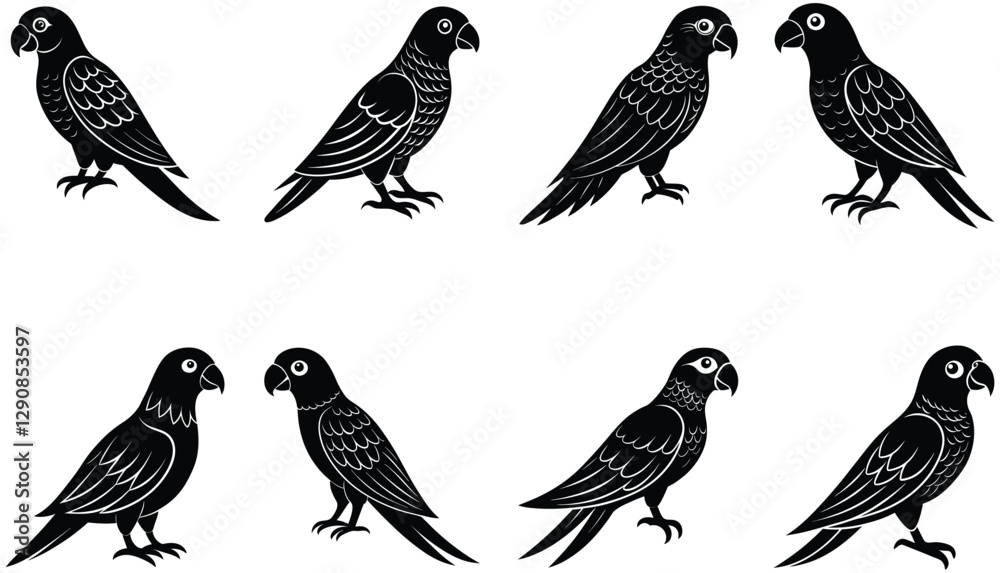 Obraz premium Parrot bird vector shilhouette bundle. Perched parrots and other birds. Macaw Bird Icon on Black and White Vector Backgrounds. Exotic Amazon Birds (Vector)