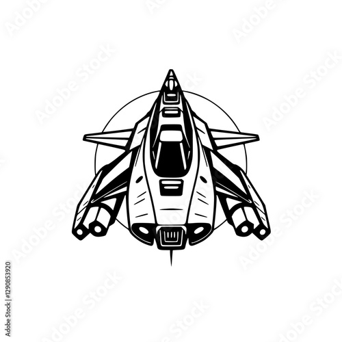Frontal perspective of a black and white spaceship with an engine thruster. Spaceship illustration within a circle.