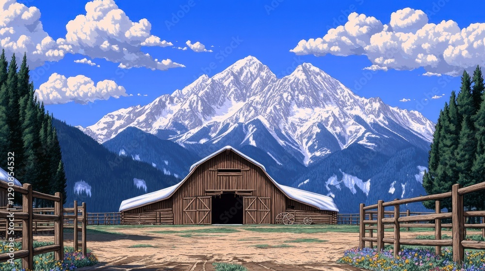 Barn nestled between mountains, under clear blue skies and fluffy clouds, for website background Barn nestled between mountains, under clear blue skies and fluffy clouds, for website background