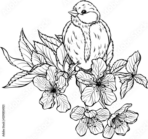 Small tit bird sitting on a branch of blooming cherry. Vector illustrations in hand drawn sketch style isolated on white. Outline graphic spring composition. Design for coloring book page, print