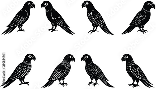 Parrot bird vector shilhouette bundle. Perched parrots and other birds. Macaw Bird Icon on Black and White Vector Backgrounds. Exotic Amazon Birds (Vector)