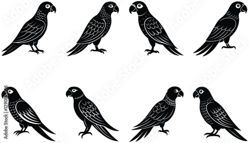 Parrot bird vector shilhouette bundle. Perched parrots and other birds. Macaw Bird Icon on Black and White Vector Backgrounds. Exotic Amazon Birds (Vector)