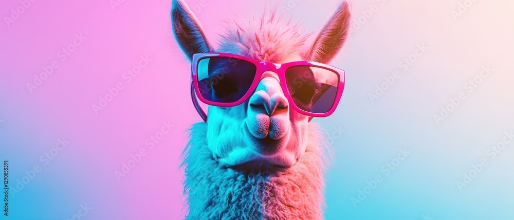 Llama wearing sunglasses with vibrant colored background, modern animal photography, cool pet vibe, playful expression, summer vibes, fun animal portrait.