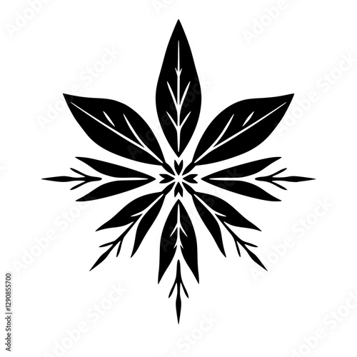 Vector drawing of a symmetrical cannabis leaf composed of black leaves against a white background.
