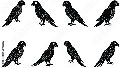 Parrot bird vector shilhouette bundle. Perched parrots and other birds. Macaw Bird Icon on Black and White Vector Backgrounds. Exotic Amazon Birds (Vector)