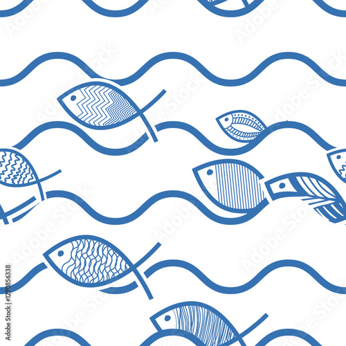 drawing fish on blue ocean sea waves seamless pattern, marine theme for decoration wallpaper, banner, wrapping paper, seafood, restaurant	