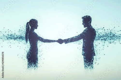 Digital silhouettes of a man and woman shaking hands, dissolving into a network of connections, symbolizing communication, relationships, and technology. Copy space