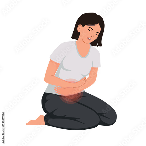 Isolated on white girl suffering from abdominal pain, vector illustration. Painful periods, colic in the abdomen, inflammation of the appendages, uterus, ovaries.