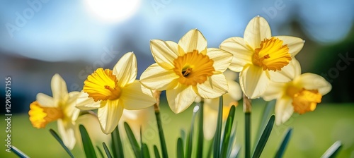 Vibrant Yellow Daffodils, Spring Flowers in Bloom, Sunny Day, Close Up, Nature Background