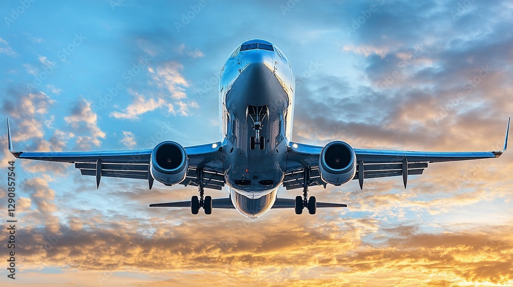 Obraz premium Airplane landing during sunset.