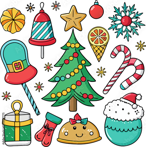 Colorful flat Christmas decoration. Christmas Collection, Christmas icons, including Santa, reindeer, wreath, ornaments, and more holiday elements