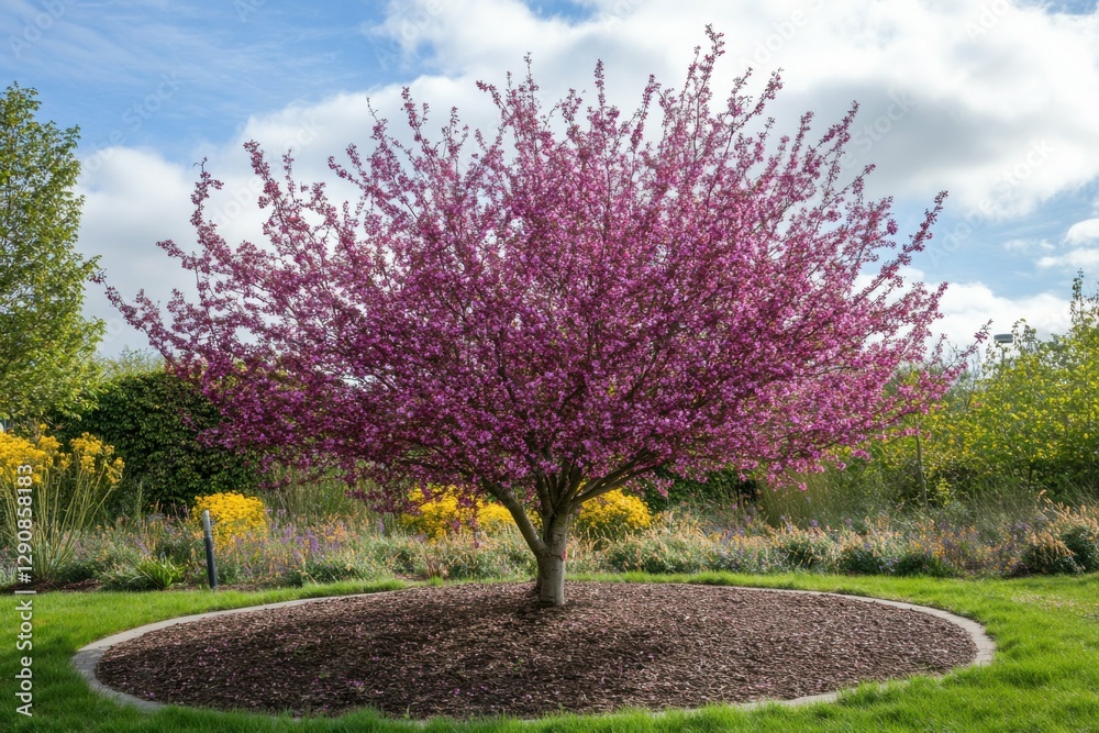 Judas Tree Blossom in Urban Park: Spring Nature Landscape with Sky and Grass Judas Tree Blossom in Urban Park: Spring Nature Landscape with Sky and Grass