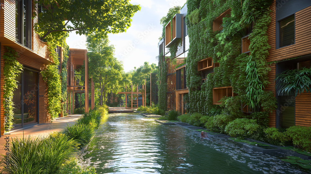 Obraz premium A rainwater harvesting system integrating eco-blocks in an urban residential area.