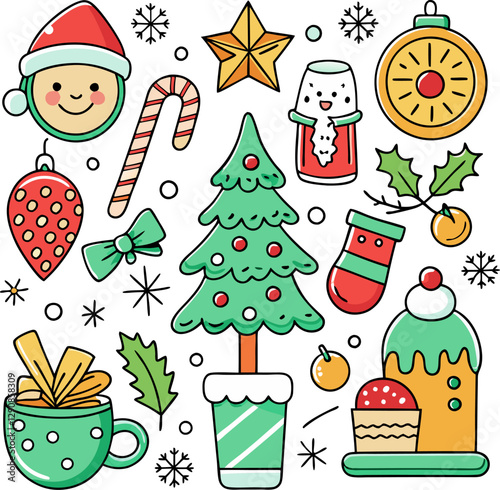 Set of Christmas tree toys balloons and decorations in gold red and green colors. christmas design isolated on white background.