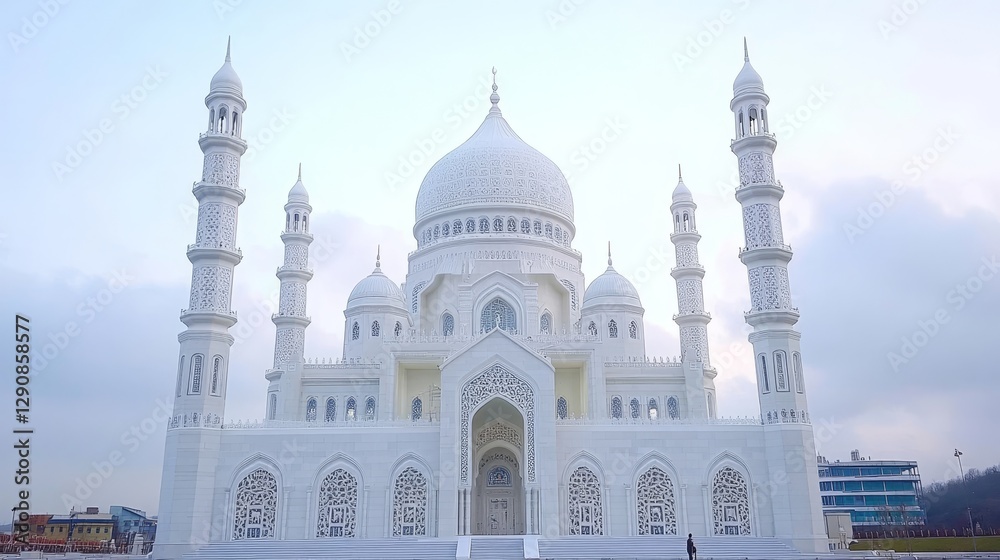 Obraz premium Magnificent White Marble Mosque, Architectural Wonder, Intricate Design, Blue Sky Background