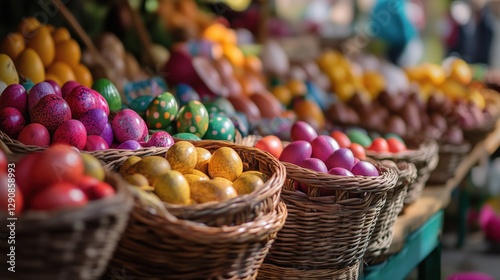 A festive Easter market stall filled with baskets of eggs