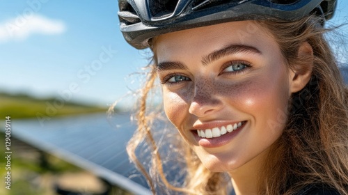 Young caucasian female cyclist smiling near solar panels outdoors. International Day of Sport for Development and Peace. National Student-Athlete Day photo