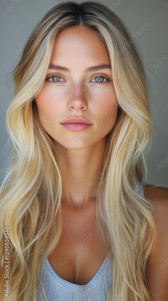 blonde model with long hair. She has natural-looking makeup and is gazing directly. The model is wearing a soft pink lipstick. blonde model with long hair. She has natural-looking makeup and is gazing directly. The model is wearing a soft pink lipstick.