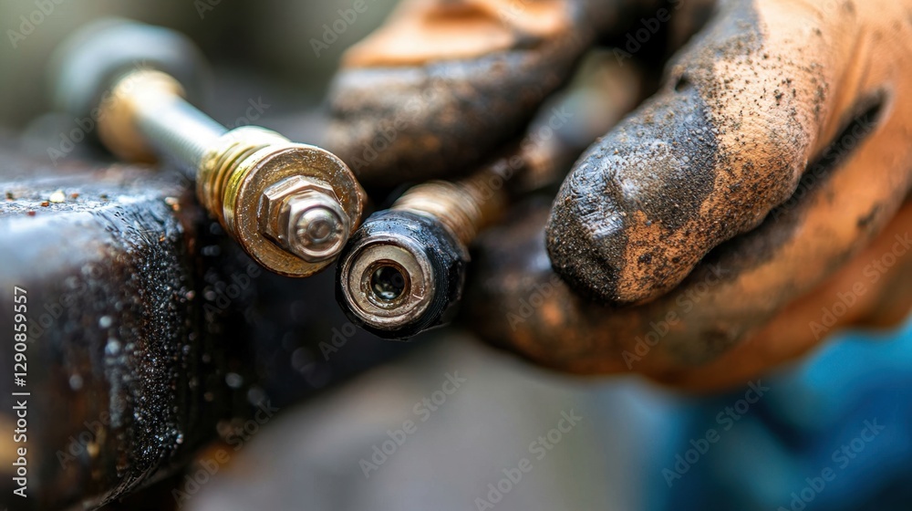 Close-up of mechanic's gloved hand holding greasy bolt and nut in workshop setting. Summer Tire Changeover Month Close-up of mechanic's gloved hand holding greasy bolt and nut in workshop setting. Summer Tire Changeover Month