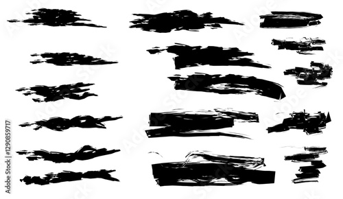 Collection of expressive black brushstrokes and ink splatters on a clean white background, creating dynamic textured elements for artistic compositions