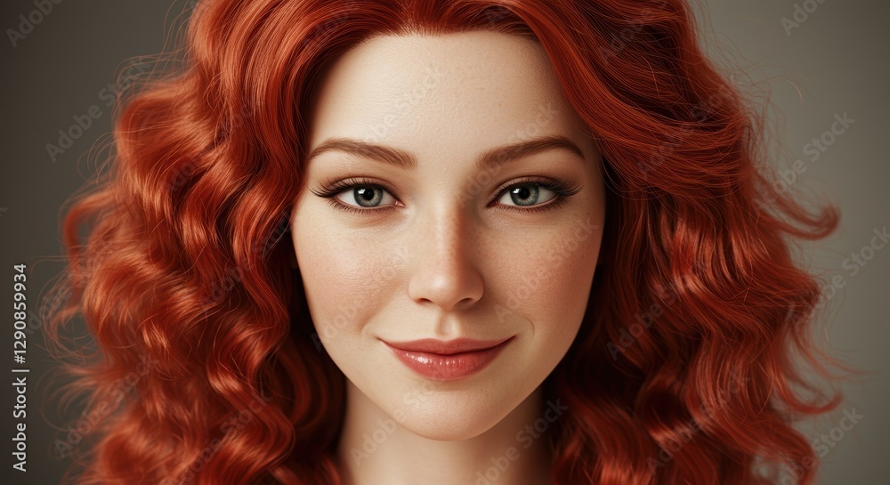 Fototapeta premium Portrait of a Woman with Red Curly Hair, Close-up Illustration Depicting Natural Beauty and Elegance