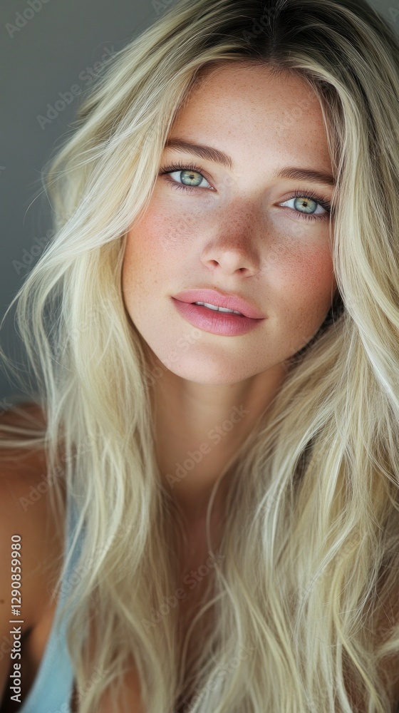 blonde model with long hair. She has natural-looking makeup and is gazing directly. The model is wearing a soft pink lipstick. blonde model with long hair. She has natural-looking makeup and is gazing directly. The model is wearing a soft pink lipstick.
