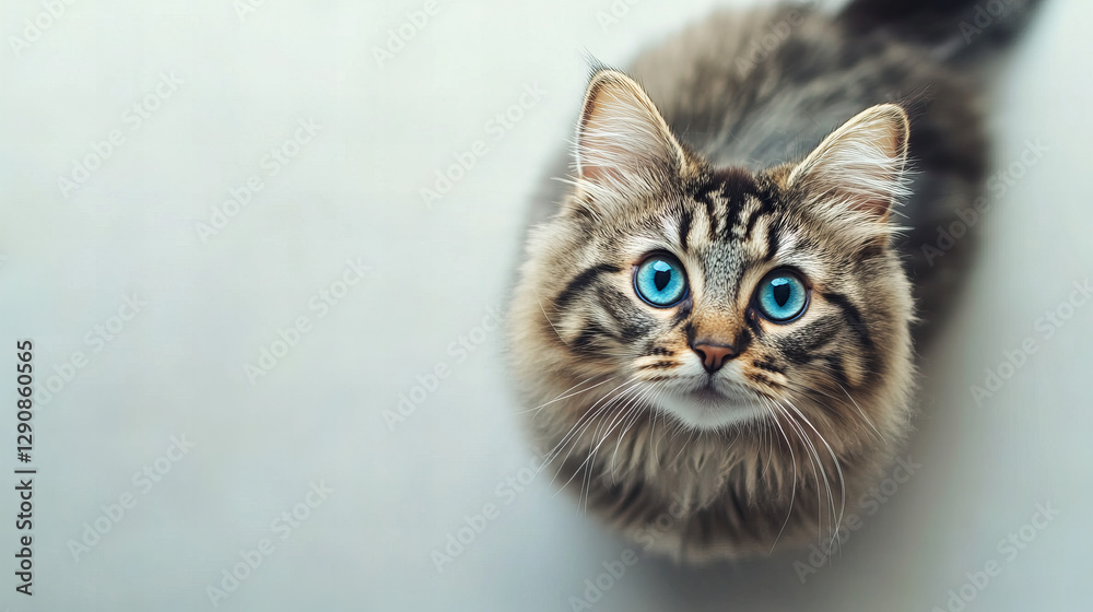 Obraz premium Fluffy blue eyed kitten sitting by a sunlit window, gazing curiously with soft silver fur, perfect for pet lovers and animal themed designs.