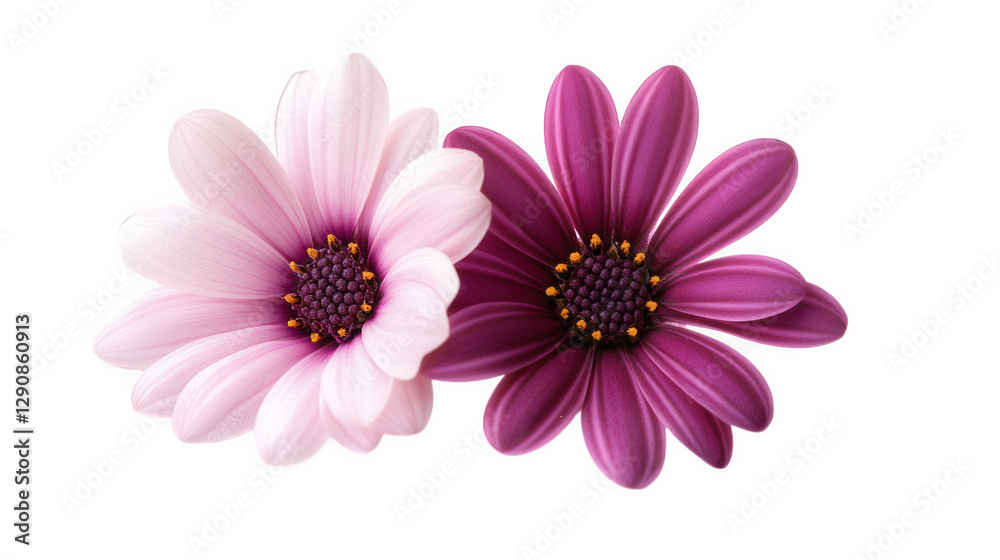 two vibrant flowers. one pink and one purple. with distinct petal shapes and a central cluster of yellow-tipped stamens. set against a clean white background. emphasizing their beauty and color contra two vibrant flowers. one pink and one purple. with distinct petal shapes and a central cluster of yellow-tipped stamens. set against a clean white background. emphasizing their beauty and color contra