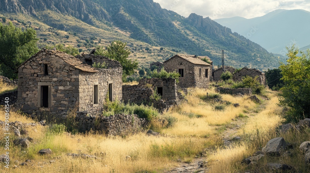 Fototapeta premium Abandoned stone houses in serene mountainous landscape under cloudy sky Armenian Genocide Remembrance Day.