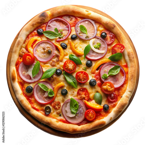 Delicious Veggie & Ham Pizza Recipe isolated on transparent background