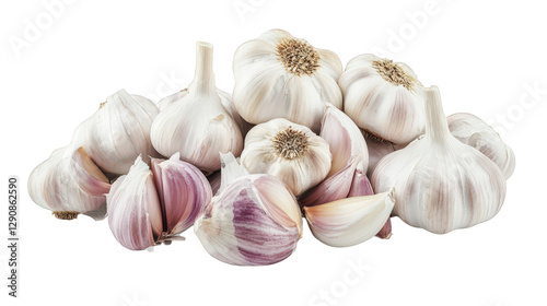 a pile of fresh garlic bulbs. featuring their distinct white and purple skins. arranged neatly to highlight their natural texture and form garlic is commonly used in cooking for its strong flavor and