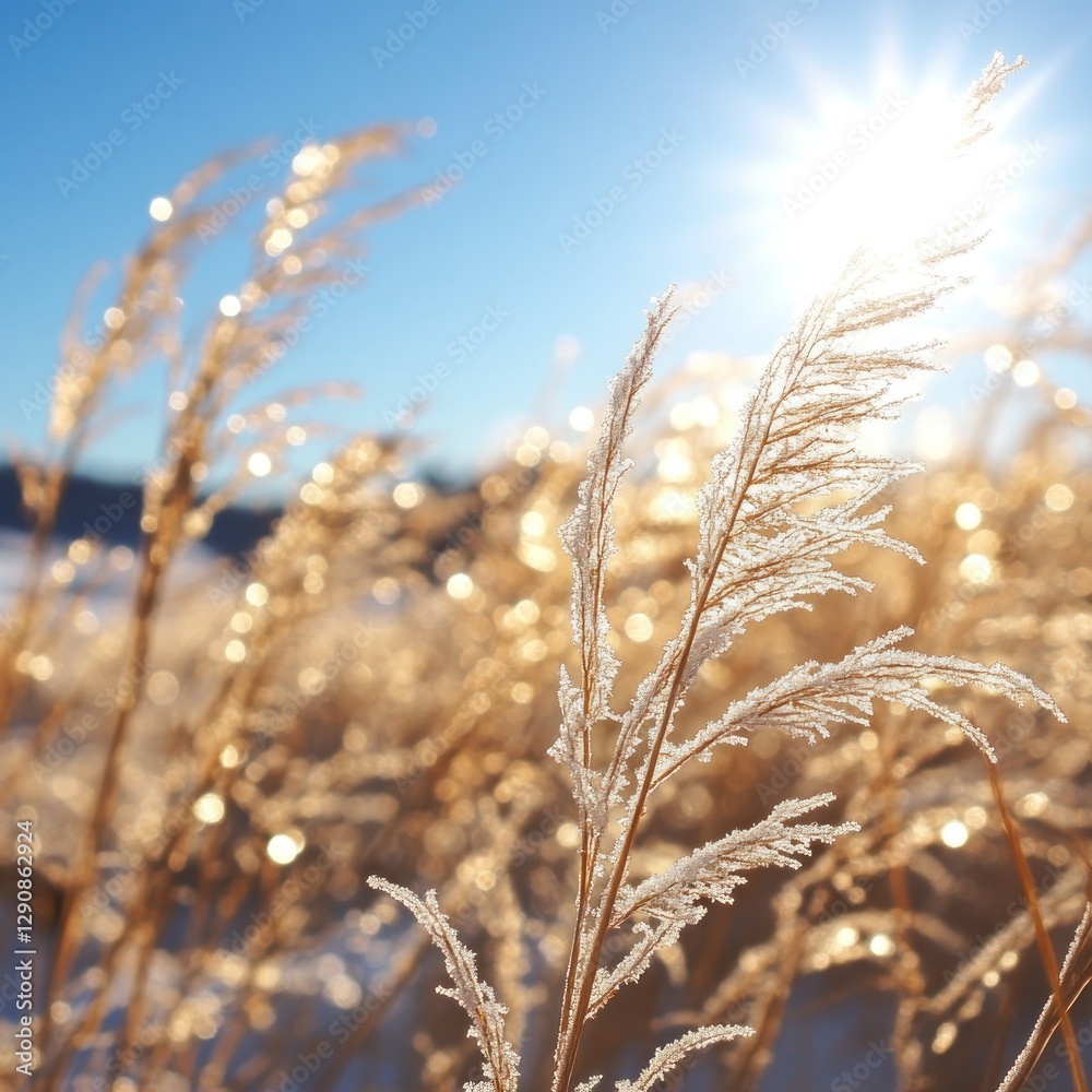 Fototapeta premium Frosty winter grass field, sunlit