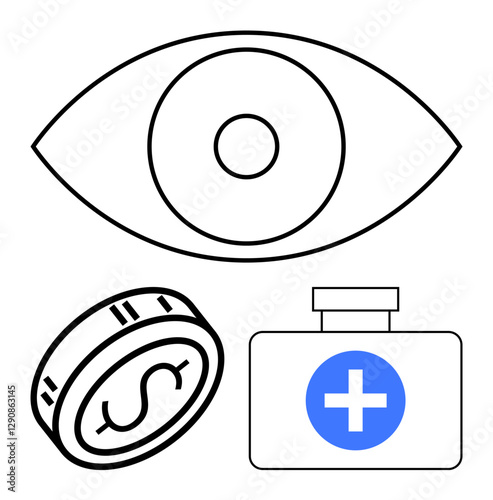 Eye symbol above a dollar coin and a medical box with a cross. Ideal for healthcare funding, vision care costs, eye health, medical economics, insurance, financial planning, wellness. Line metaphor