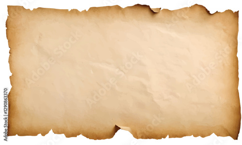 Old parchment isolated on white background, top view, with natural tears