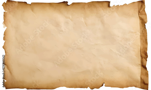Old parchment isolated on white background, top view, with natural tears