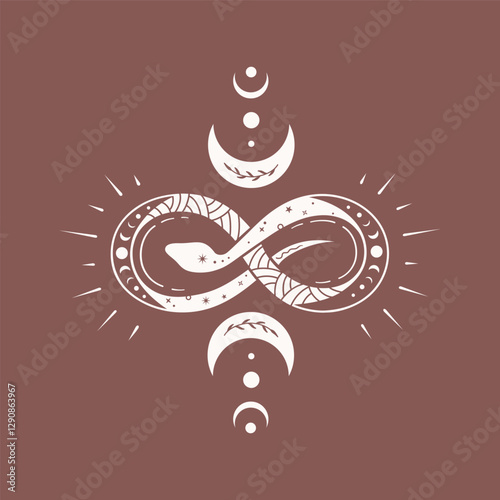 Sacred snake in the form of an infinity sign. Mystical snake silhouette in boho style, esoteric vector serpent poster.