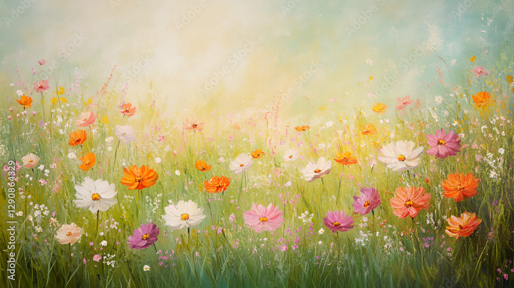 Vibrant Cosmos Flowers in a Peaceful Spring Field, Bright Cosmos Blossoms Over Lush Green Grass Vibrant Cosmos Flowers in a Peaceful Spring Field, Bright Cosmos Blossoms Over Lush Green Grass