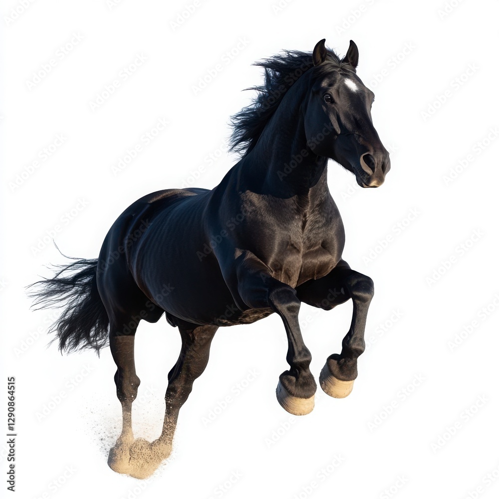 Obraz premium Majestic Black Horse in Mid-Air Pose on White Background