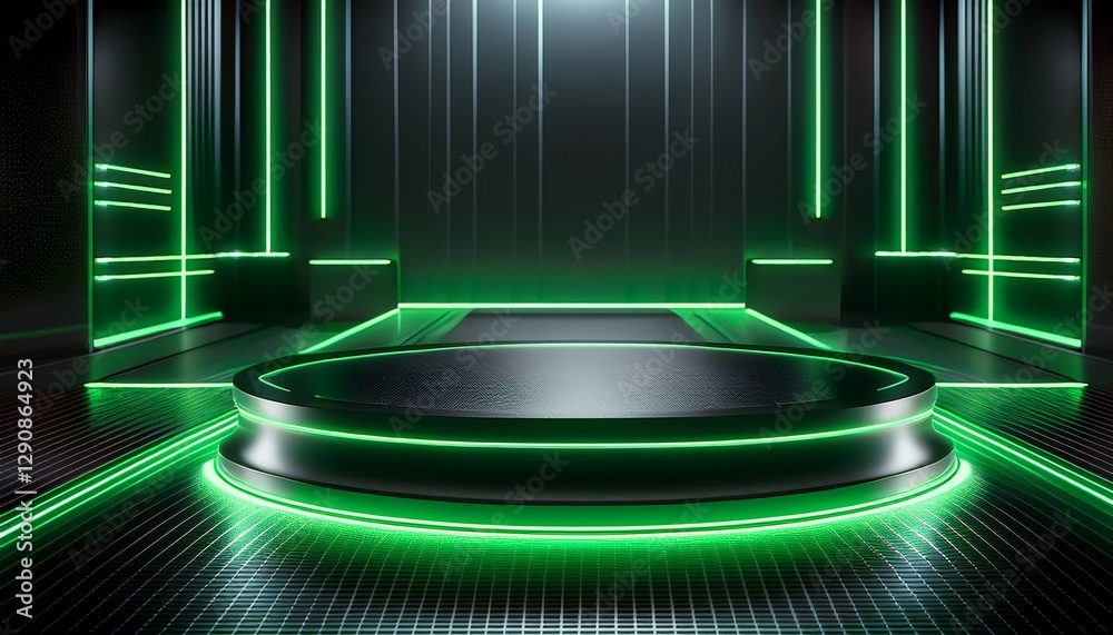 Technological Studio Background with Grean Neon Panels. Futuristic Podium for Product Presentation Technological Studio Background with Grean Neon Panels. Futuristic Podium for Product Presentation