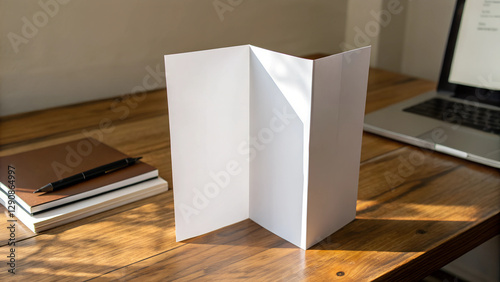Folded flyer mockup, A4 tri-fold flyer standing partially open on a wooden desk, warm ambient light creating soft reflections and shadows, neutral background  photo