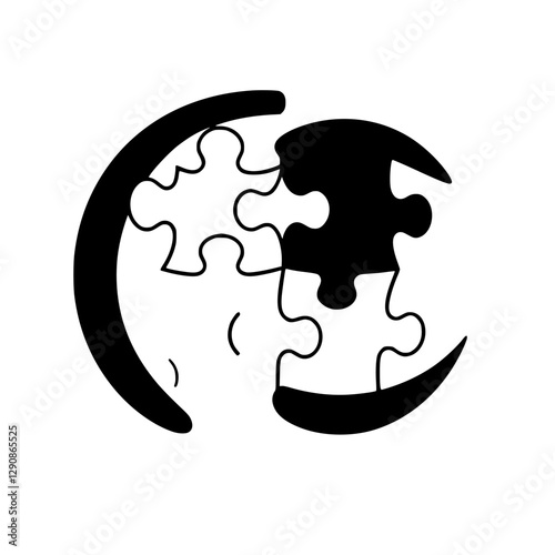 Simple black and white image of puzzle pieces in a spherical formation, symbolising completion and unity.