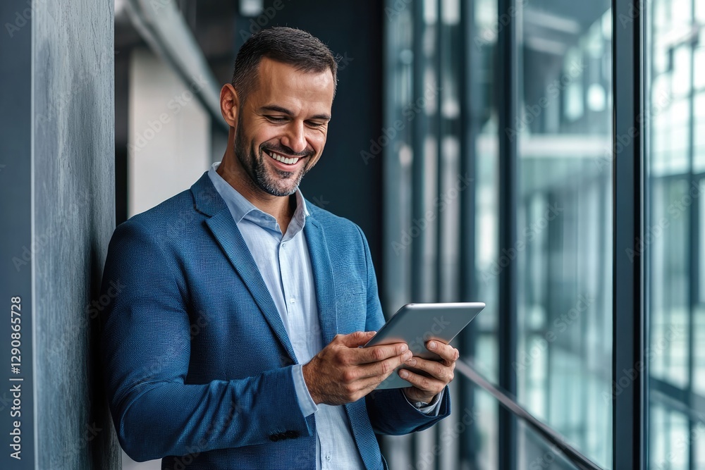 Smiling Businessman Using Tablet in Office Corridor Smiling Businessman Using Tablet in Office Corridor