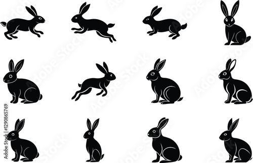 Twelve Silhouettes of Rabbits Sitting, Hopping, and Running Hare Poses
